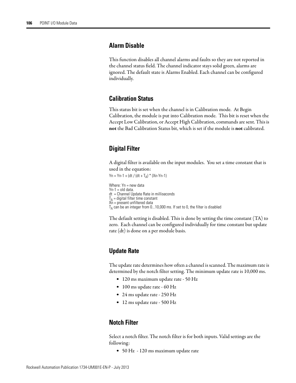 Alarm disable, Calibration status, Digital filter | Update rate, Notch filter | Rockwell Automation 1734-XXXX POINT I/O Digital and Analog Modules and POINTBlock I/O Modules User Manual | Page 104 / 221
