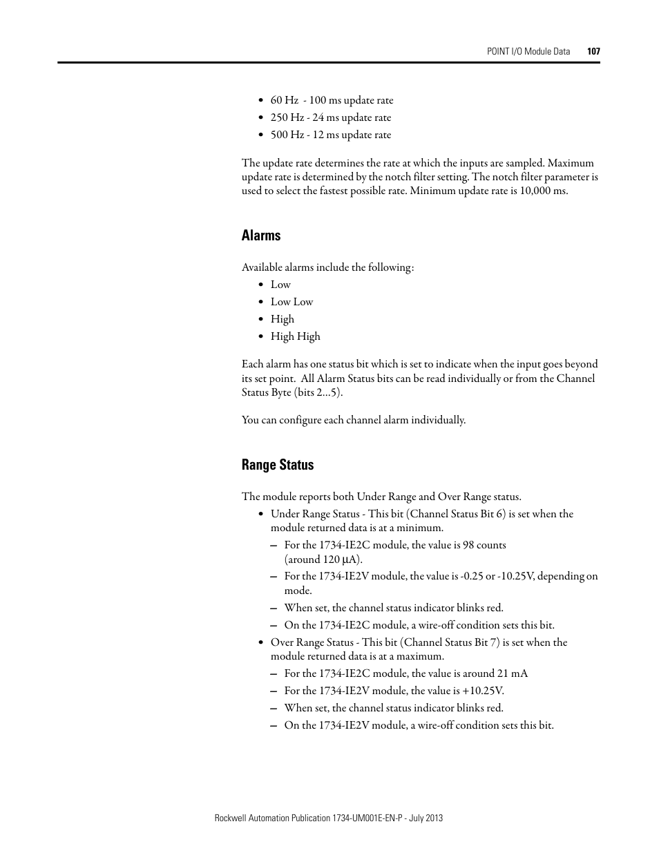 Alarms, Range status, Alarms range status | Rockwell Automation 1734-XXXX POINT I/O Digital and Analog Modules and POINTBlock I/O Modules User Manual | Page 105 / 221