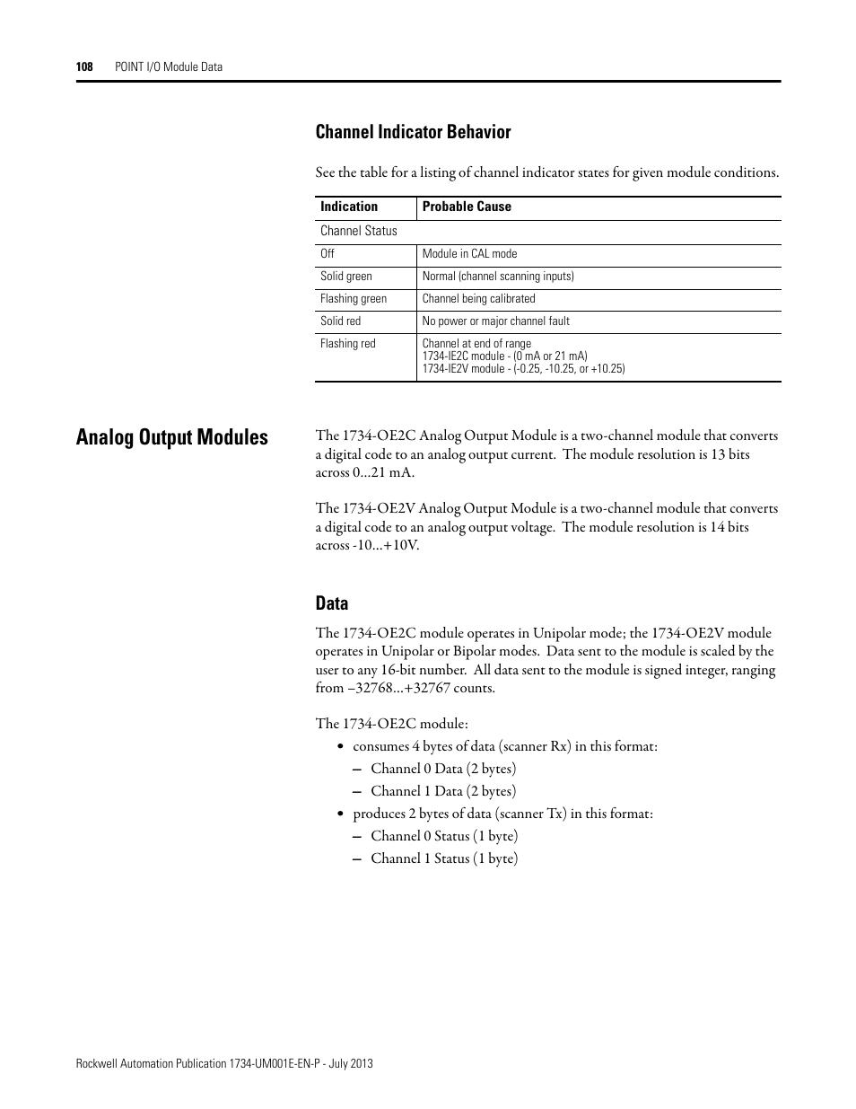 Channel indicator behavior, Analog output modules, Data | Rockwell Automation 1734-XXXX POINT I/O Digital and Analog Modules and POINTBlock I/O Modules User Manual | Page 106 / 221