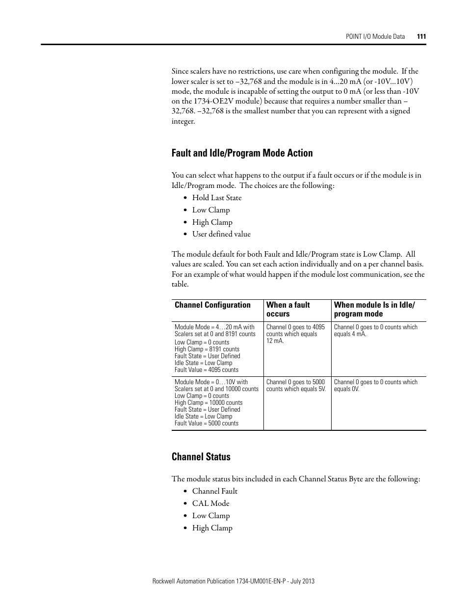 Fault and idle/program mode action, Channel status, Fault and idle/program mode action channel status | Rockwell Automation 1734-XXXX POINT I/O Digital and Analog Modules and POINTBlock I/O Modules User Manual | Page 109 / 221