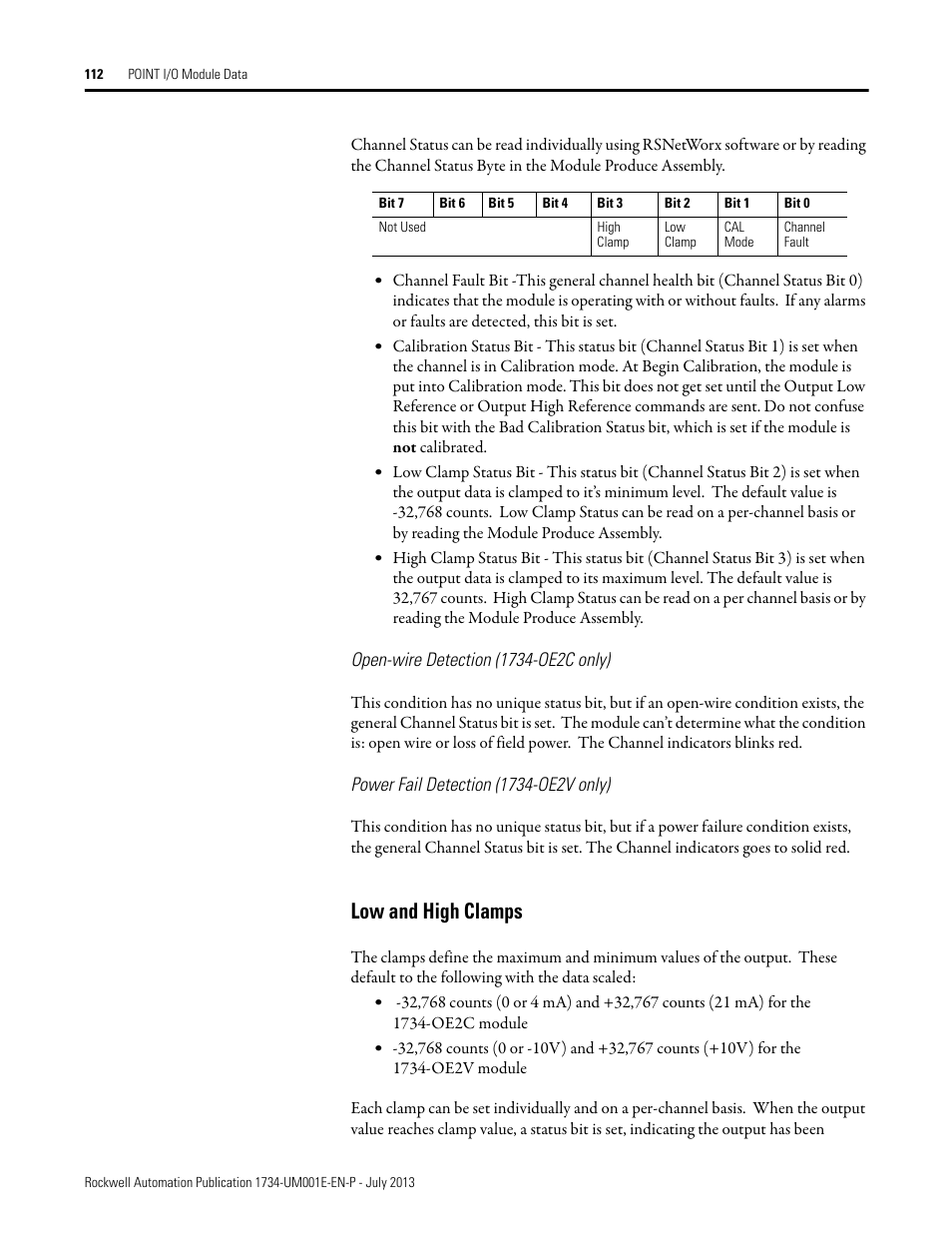 Open-wire detection (1734-oe2c only), Power fail detection (1734-oe2v only), Low and high clamps | Rockwell Automation 1734-XXXX POINT I/O Digital and Analog Modules and POINTBlock I/O Modules User Manual | Page 110 / 221