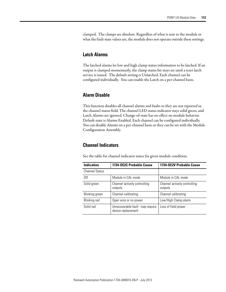 Latch alarms, Alarm disable, Channel indicators | Latch alarms alarm disable channel indicators | Rockwell Automation 1734-XXXX POINT I/O Digital and Analog Modules and POINTBlock I/O Modules User Manual | Page 111 / 221