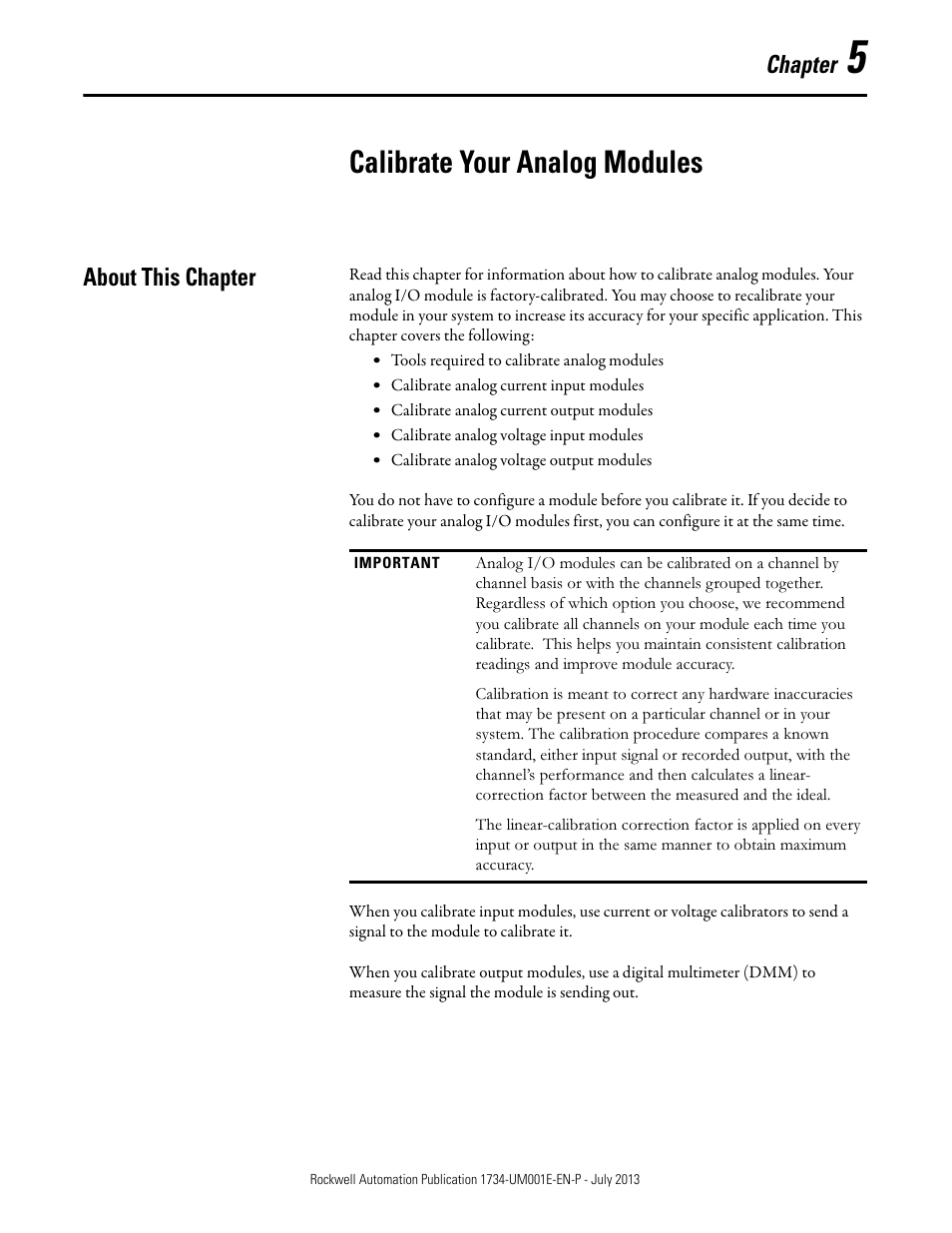 5 – calibrate your analog modules, About this chapter, Chapter 5 | Calibrate your analog modules, Chapter | Rockwell Automation 1734-XXXX POINT I/O Digital and Analog Modules and POINTBlock I/O Modules User Manual | Page 117 / 221