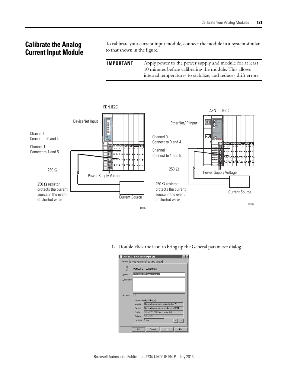Calibrate the analog current input module, Important, Aent ie2c ethernet/ip input | Current source power supply voltage | Rockwell Automation 1734-XXXX POINT I/O Digital and Analog Modules and POINTBlock I/O Modules User Manual | Page 119 / 221