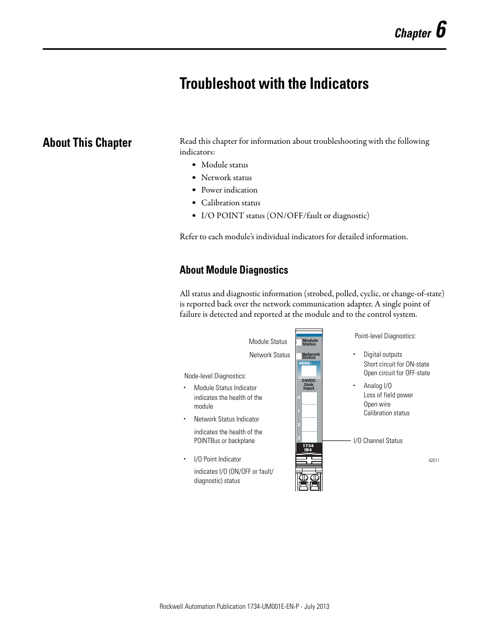 6 – troubleshoot with the indicators, About this chapter, About module diagnostics | Chapter 6, Troubleshoot with the indicators, Chapter | Rockwell Automation 1734-XXXX POINT I/O Digital and Analog Modules and POINTBlock I/O Modules User Manual | Page 137 / 221