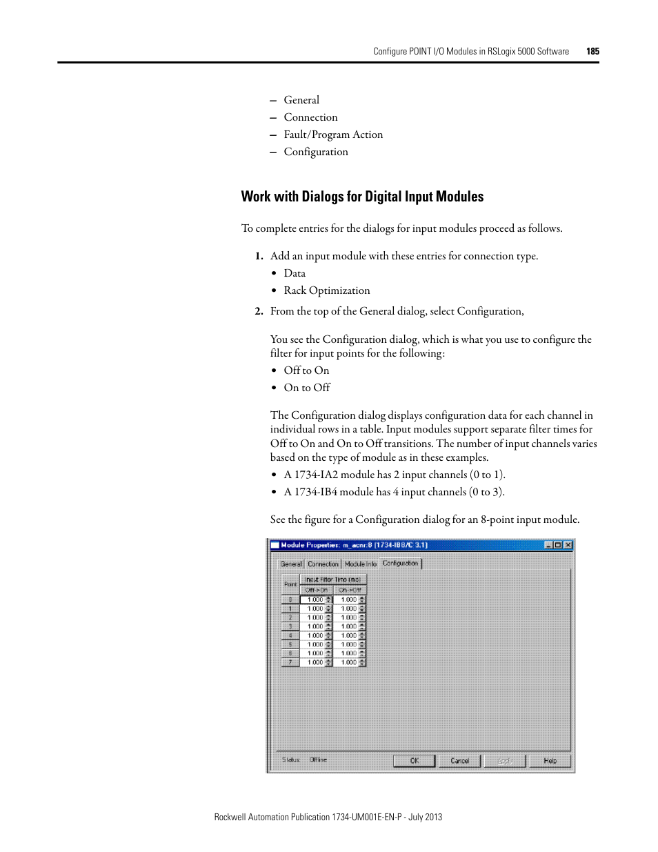 Work with dialogs for digital input modules, Working with dialogs for digital input modules | Rockwell Automation 1734-XXXX POINT I/O Digital and Analog Modules and POINTBlock I/O Modules User Manual | Page 177 / 221