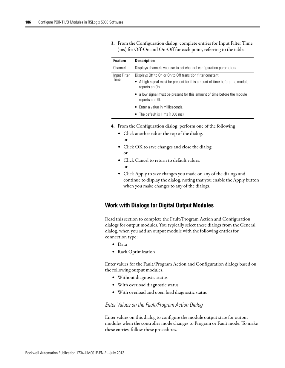 Work with dialogs for digital output modules, Enter values on the fault/program action dialog, Working with dialogs for digital output modules | Rockwell Automation 1734-XXXX POINT I/O Digital and Analog Modules and POINTBlock I/O Modules User Manual | Page 178 / 221