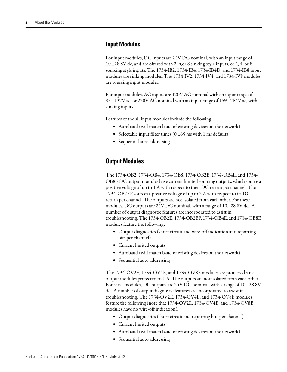 Input modules, Output modules, Input modules output modules | Rockwell Automation 1734-XXXX POINT I/O Digital and Analog Modules and POINTBlock I/O Modules User Manual | Page 18 / 221