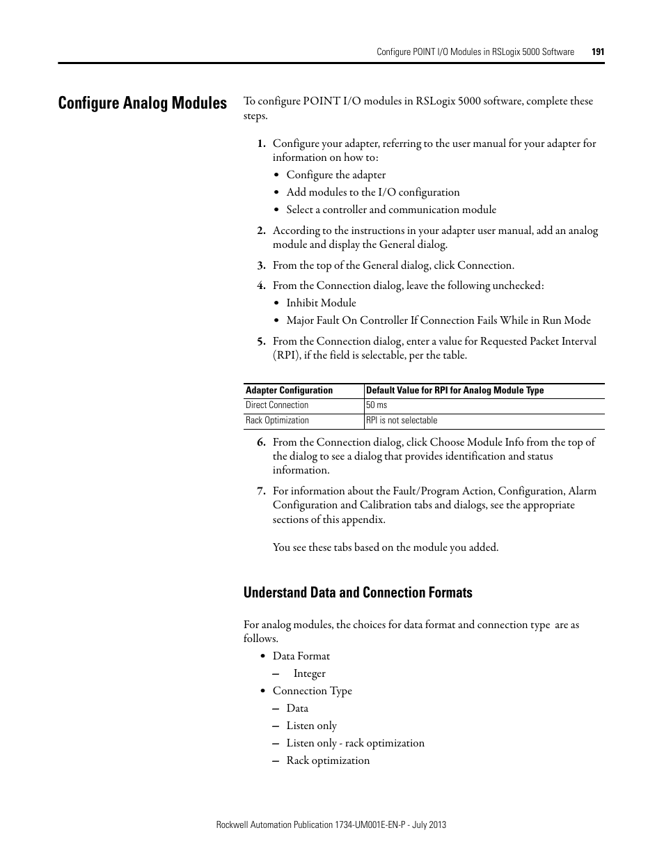 Configure analog modules, Understand data and connection formats, Understanding data and connection formats | Rockwell Automation 1734-XXXX POINT I/O Digital and Analog Modules and POINTBlock I/O Modules User Manual | Page 183 / 221