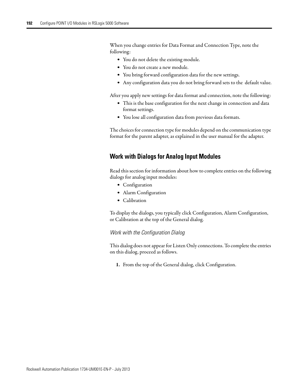 Work with dialogs for analog input modules, Work with the configuration dialog, Working with dialogs for analog input modules | Rockwell Automation 1734-XXXX POINT I/O Digital and Analog Modules and POINTBlock I/O Modules User Manual | Page 184 / 221