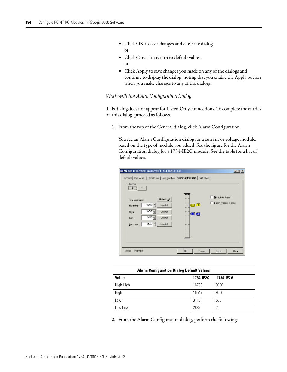 Work with the alarm configuration dialog | Rockwell Automation 1734-XXXX POINT I/O Digital and Analog Modules and POINTBlock I/O Modules User Manual | Page 186 / 221
