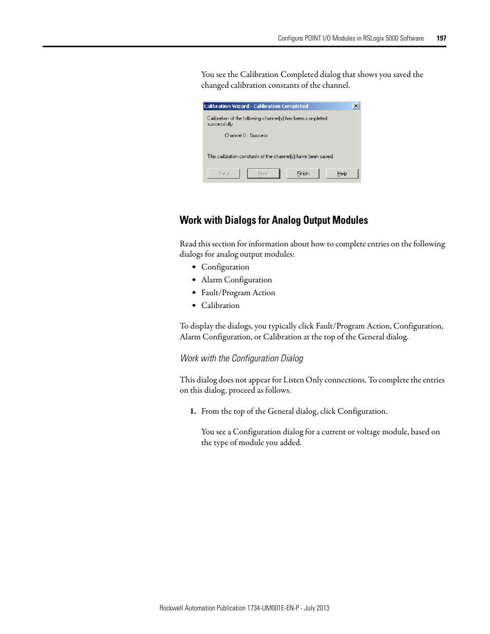 Work with dialogs for analog output modules, Work with the configuration dialog, Working with dialogs for analog output modules | Rockwell Automation 1734-XXXX POINT I/O Digital and Analog Modules and POINTBlock I/O Modules User Manual | Page 189 / 221