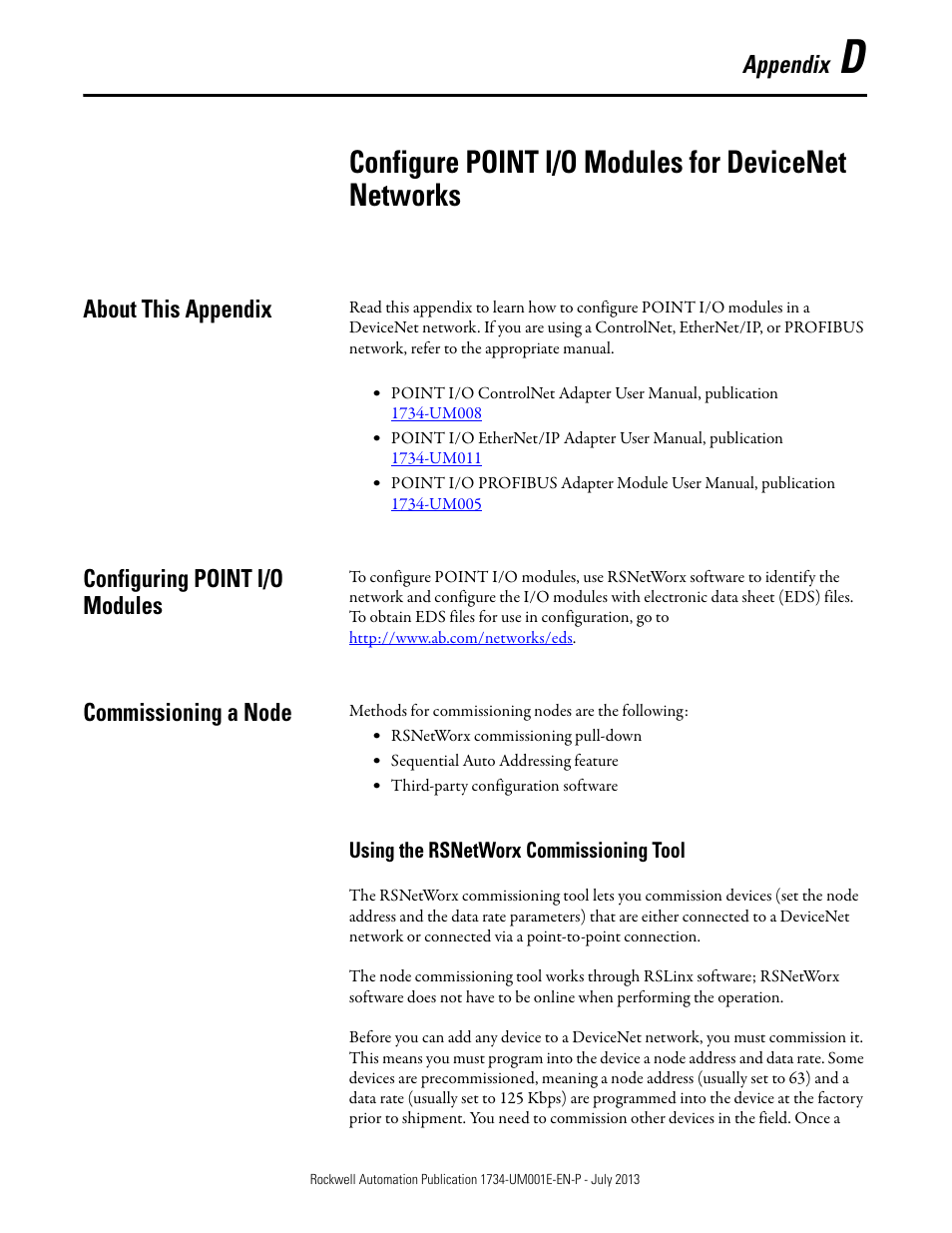 About this appendix, Configuring point i/o modules, Commissioning a node | Using the rsnetworx commissioning tool, Appendix d, Configure point i/o modules for devicenet networks, Appendix | Rockwell Automation 1734-XXXX POINT I/O Digital and Analog Modules and POINTBlock I/O Modules User Manual | Page 197 / 221