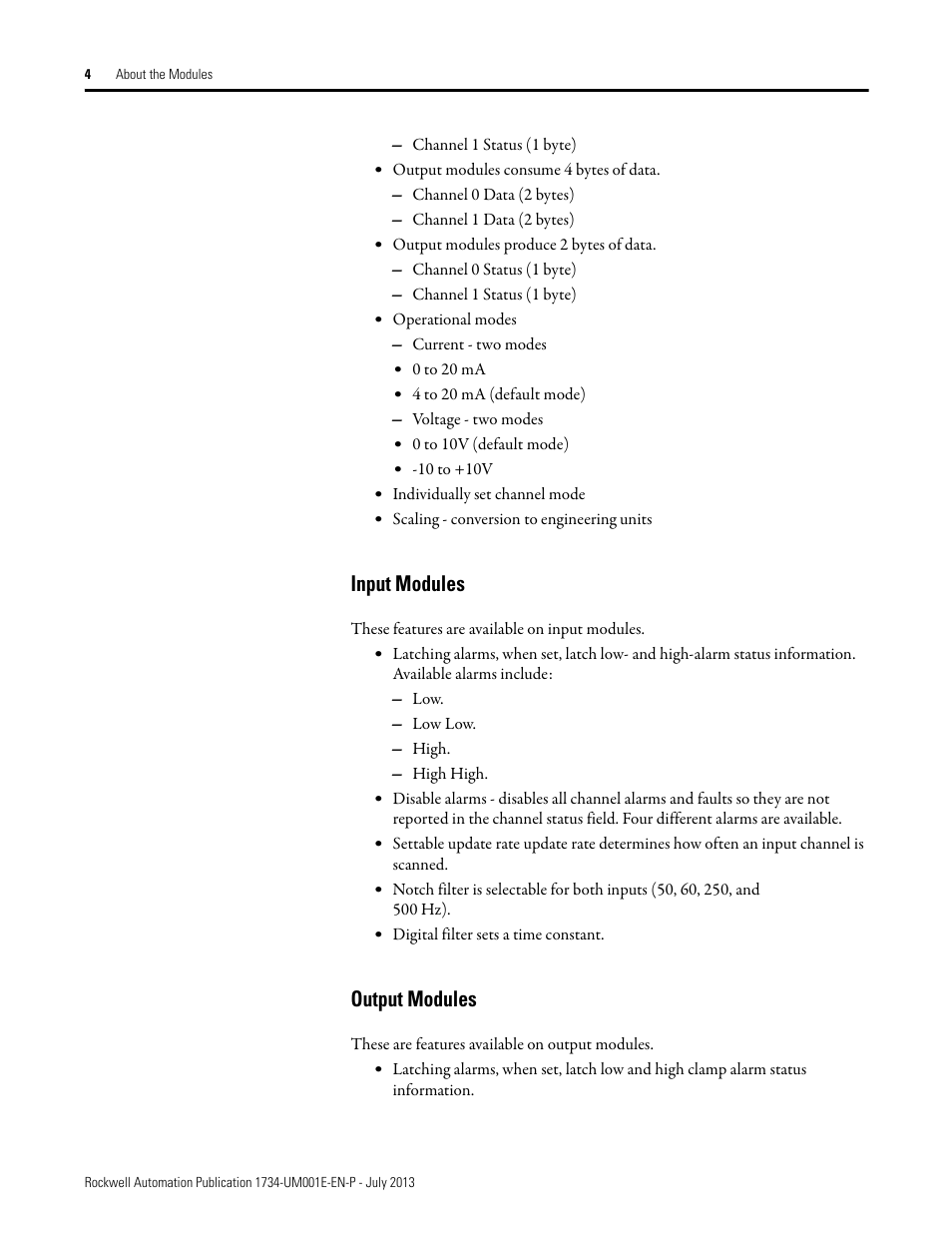 Input modules, Output modules, Input modules output modules | Rockwell Automation 1734-XXXX POINT I/O Digital and Analog Modules and POINTBlock I/O Modules User Manual | Page 20 / 221