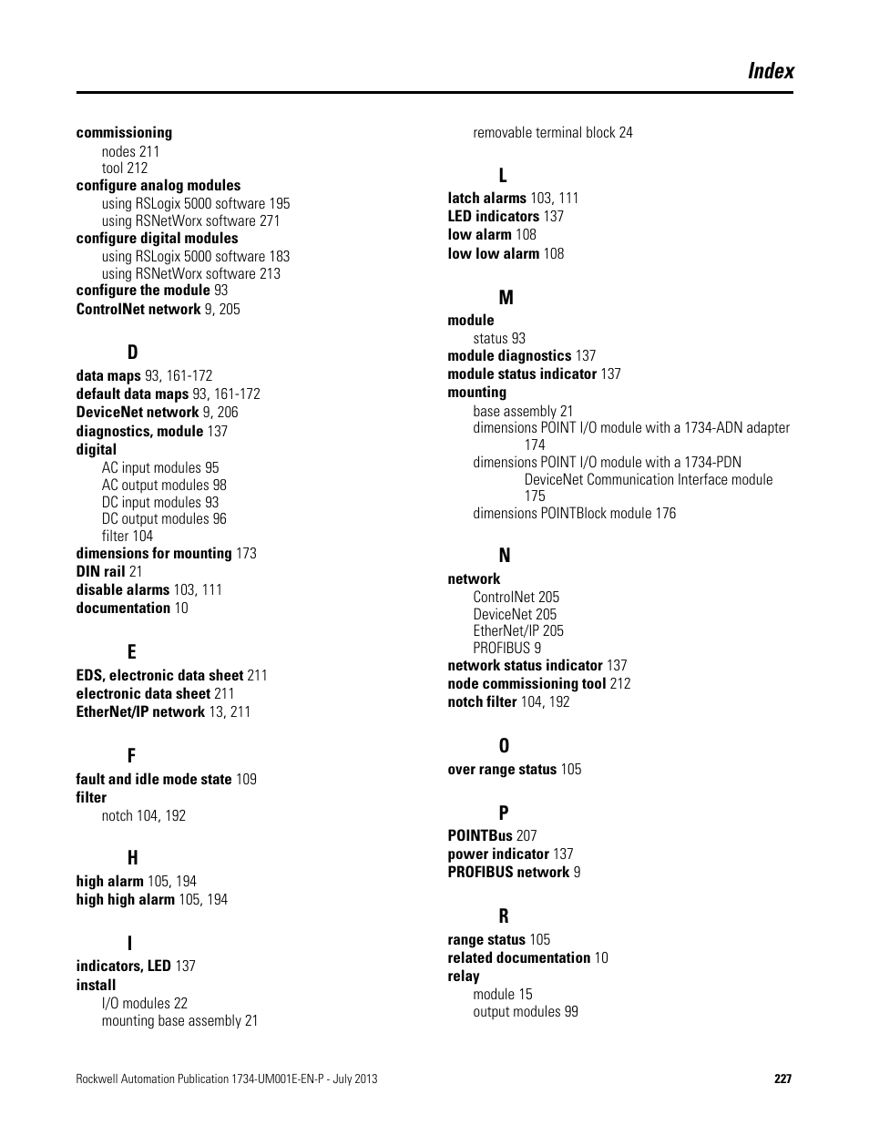Index | Rockwell Automation 1734-XXXX POINT I/O Digital and Analog Modules and POINTBlock I/O Modules User Manual | Page 219 / 221