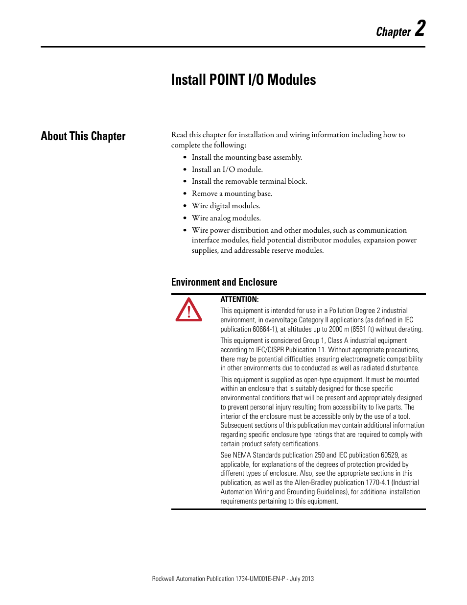 2 – install point i/o modules, About this chapter, Environment and enclosure | Chapter 2, Install point i/o modules, Chapter | Rockwell Automation 1734-XXXX POINT I/O Digital and Analog Modules and POINTBlock I/O Modules User Manual | Page 23 / 221