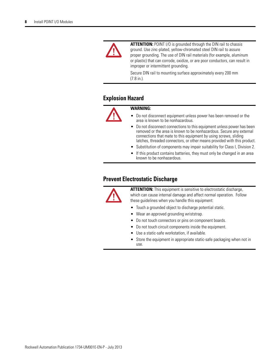 Explosion hazard, Prevent electrostatic discharge, Explosion hazard prevent electrostatic discharge | Rockwell Automation 1734-XXXX POINT I/O Digital and Analog Modules and POINTBlock I/O Modules User Manual | Page 24 / 221