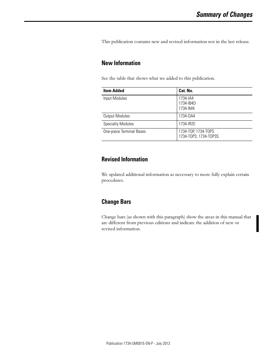 Summary of changes, New information, Revised information | Change bars | Rockwell Automation 1734-XXXX POINT I/O Digital and Analog Modules and POINTBlock I/O Modules User Manual | Page 3 / 221
