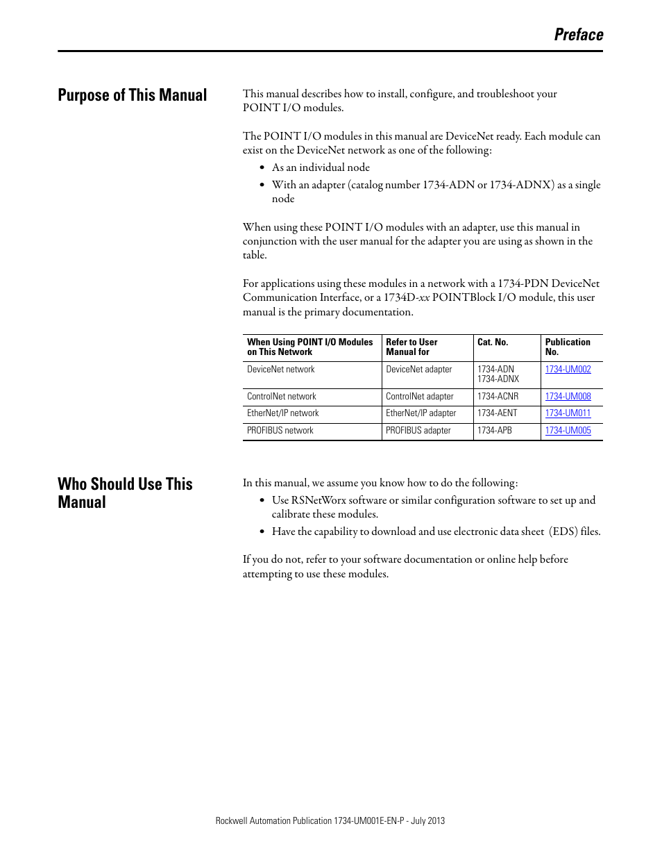 Preface, Purpose of this manual, Who should use this manual | Preface purpose of this manual | Rockwell Automation 1734-XXXX POINT I/O Digital and Analog Modules and POINTBlock I/O Modules User Manual | Page 5 / 221