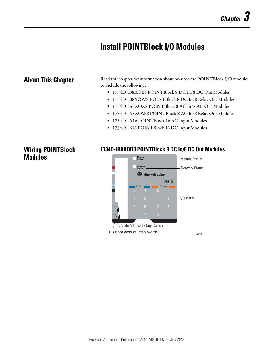 3 – install pointblock i/o modules, About this chapter, Wiring pointblock modules | 1734d-ib8xob8 pointblock 8 dc in/8 dc out modules, About this chapter wiring pointblock modules, Install pointblock i/o modules, Chapter | Rockwell Automation 1734-XXXX POINT I/O Digital and Analog Modules and POINTBlock I/O Modules User Manual | Page 75 / 221