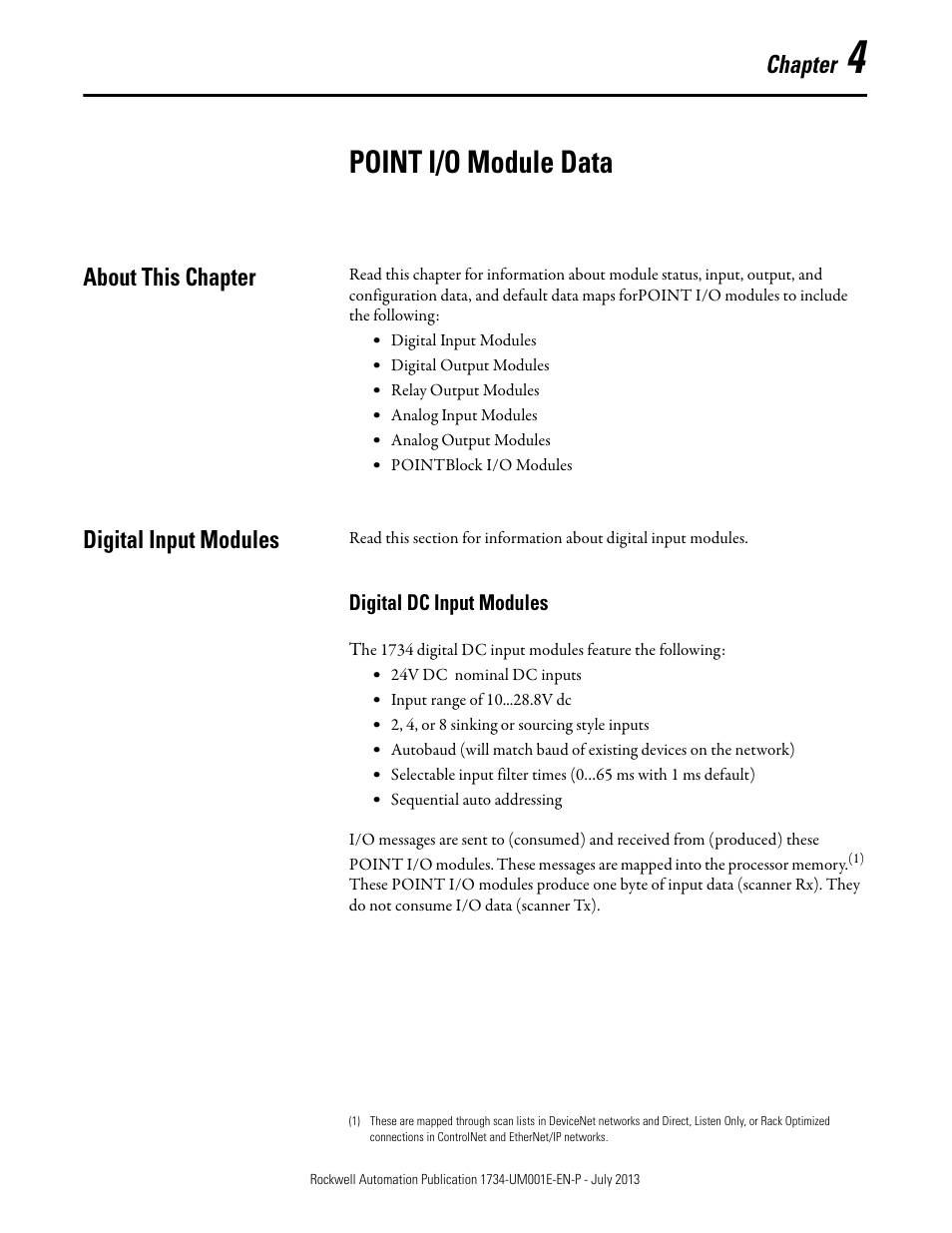 4 – point i/o module data, About this chapter, Digital input modules | Digital dc input modules, Chapter 4, Point i/o module data, About this chapter digital input modules, Chapter | Rockwell Automation 1734-XXXX POINT I/O Digital and Analog Modules and POINTBlock I/O Modules User Manual | Page 93 / 221