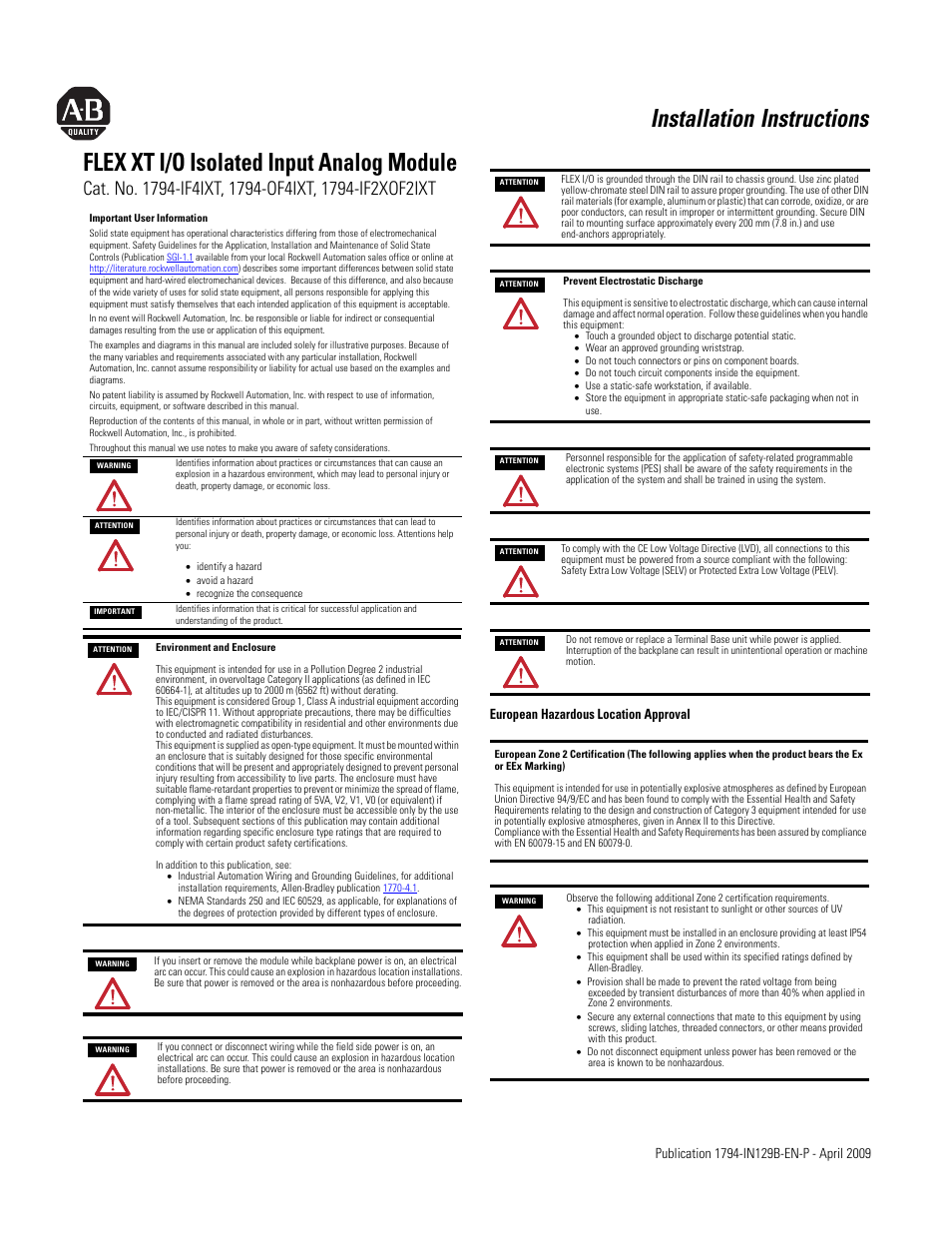 Rockwell Automation 1794-IF2XOF2IXT FLEX XT I/O Isolated Input Analog Module User Manual | 6 pages