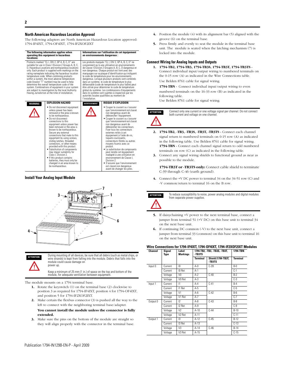 Install your analog input module, Connect wiring for analog inputs and outputs | Rockwell Automation 1794-IF2XOF2IXT FLEX XT I/O Isolated Input Analog Module User Manual | Page 2 / 6