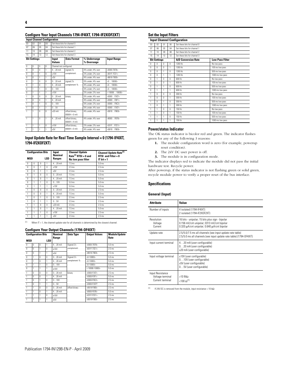 Set the input filters power/status indicator, Specifications, General (input) | Rockwell Automation 1794-IF2XOF2IXT FLEX XT I/O Isolated Input Analog Module User Manual | Page 4 / 6