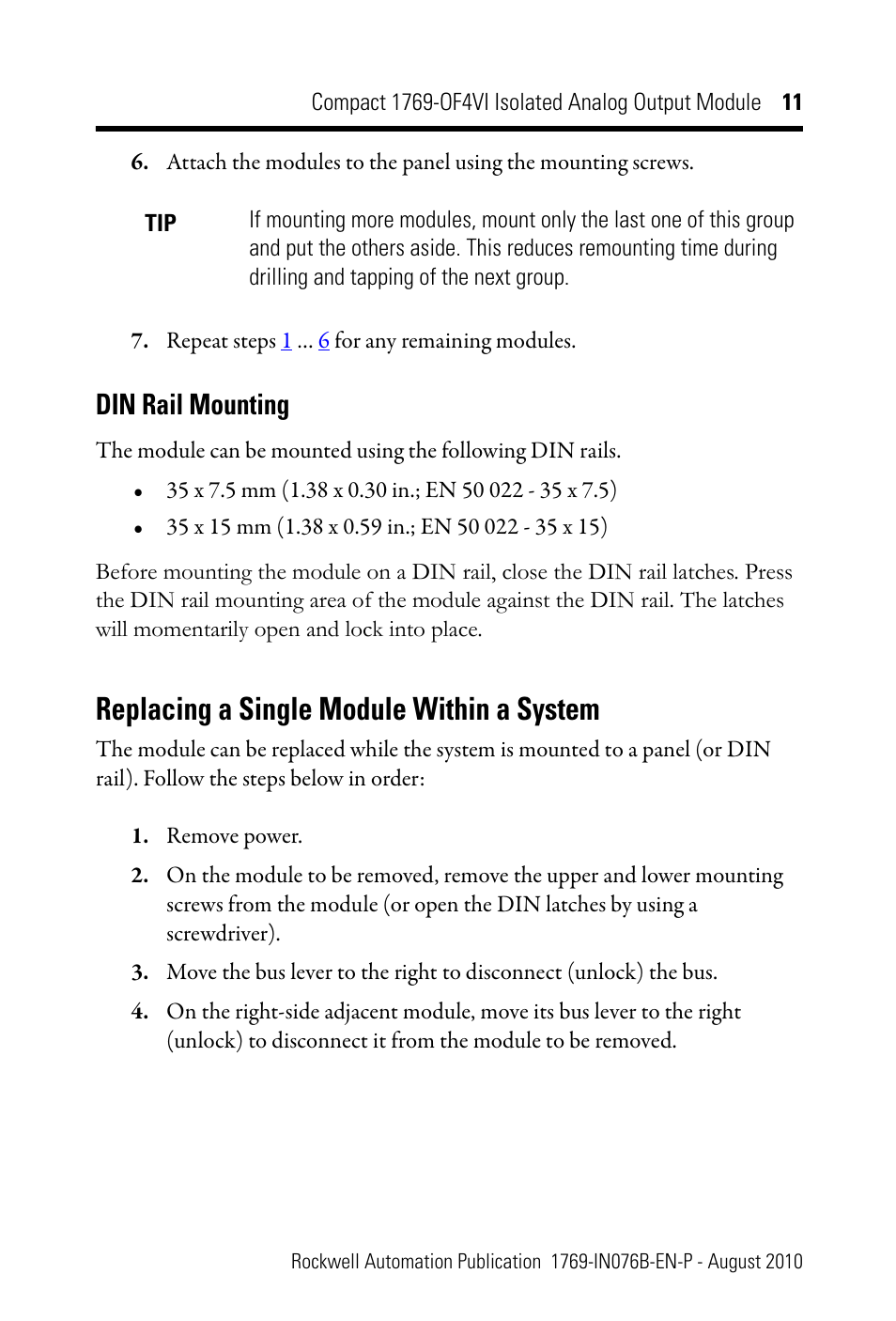Din rail mounting, Replacing a single module within a system | Rockwell Automation 1769-OF4VI CompactLogix Module User Manual | Page 11 / 28