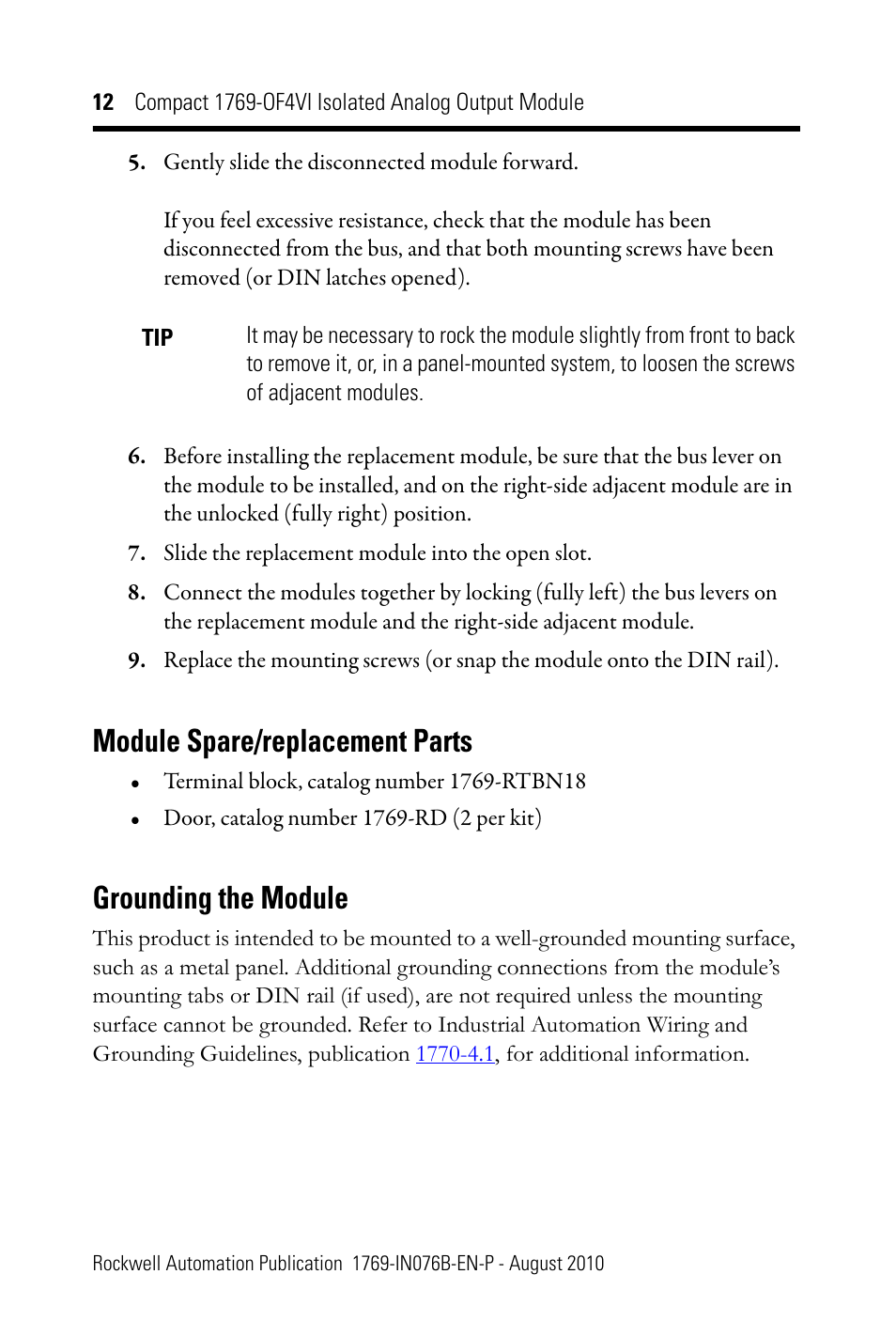 Module spare/replacement parts, Grounding the module | Rockwell Automation 1769-OF4VI CompactLogix Module User Manual | Page 12 / 28