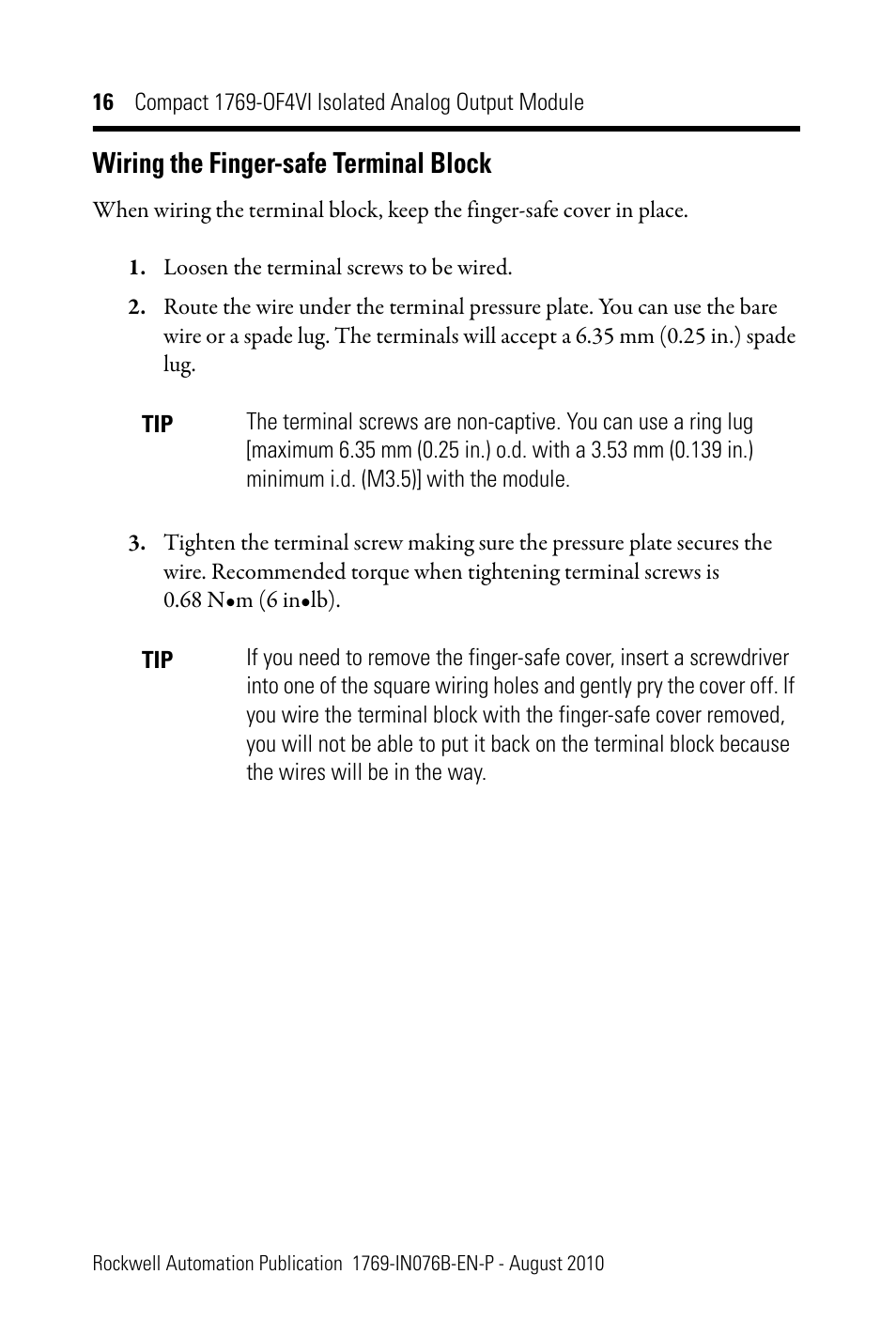 Wiring the finger-safe terminal block | Rockwell Automation 1769-OF4VI CompactLogix Module User Manual | Page 16 / 28