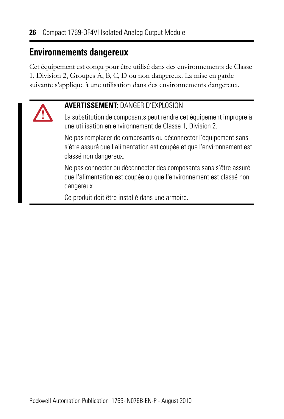 Environnements dangereux | Rockwell Automation 1769-OF4VI CompactLogix Module User Manual | Page 26 / 28