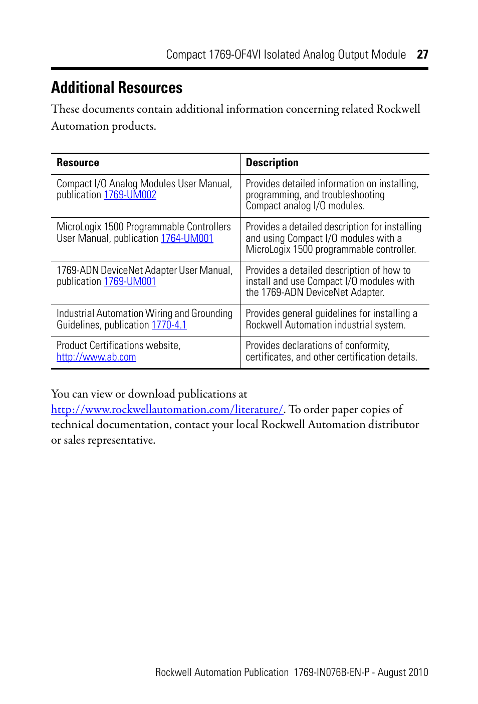 Additional resources | Rockwell Automation 1769-OF4VI CompactLogix Module User Manual | Page 27 / 28
