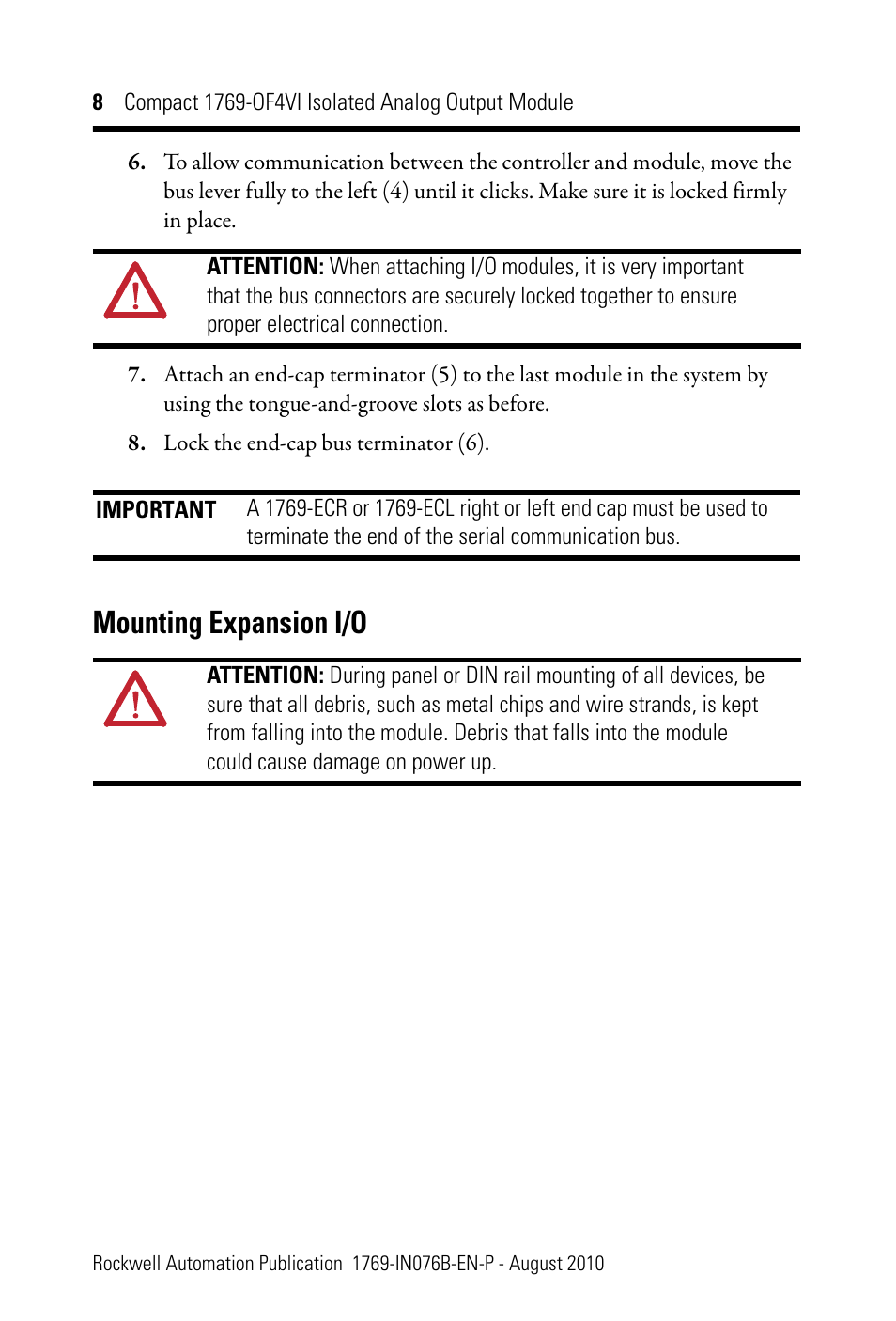 Mounting expansion i/o | Rockwell Automation 1769-OF4VI CompactLogix Module User Manual | Page 8 / 28