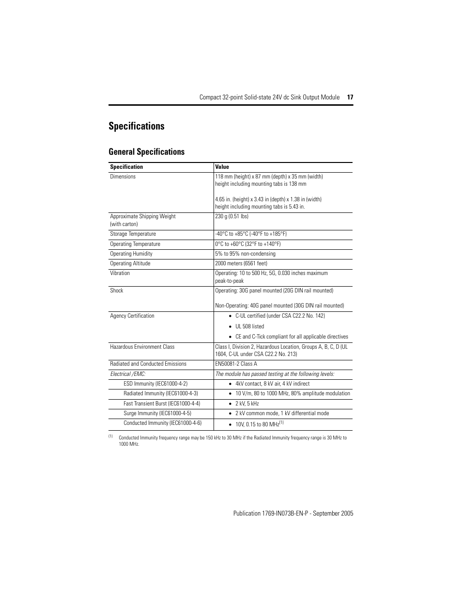 Specifications, General specifications | Rockwell Automation 1769-OV32T Compact Module User Manual | Page 17 / 24