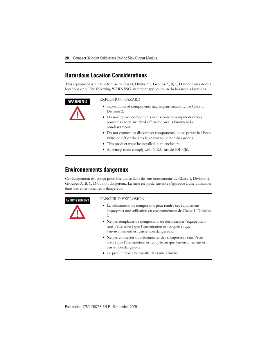 Hazardous location considerations, Environnements dangereux | Rockwell Automation 1769-OV32T Compact Module User Manual | Page 20 / 24