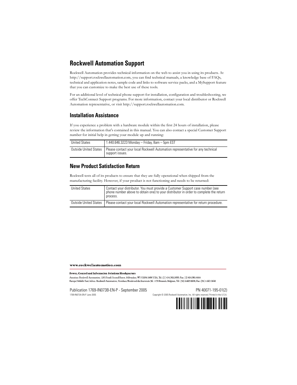 Back cover, H'+°!¶2c, Rockwell automation support | Installation assistance, New product satisfaction return | Rockwell Automation 1769-OV32T Compact Module User Manual | Page 24 / 24
