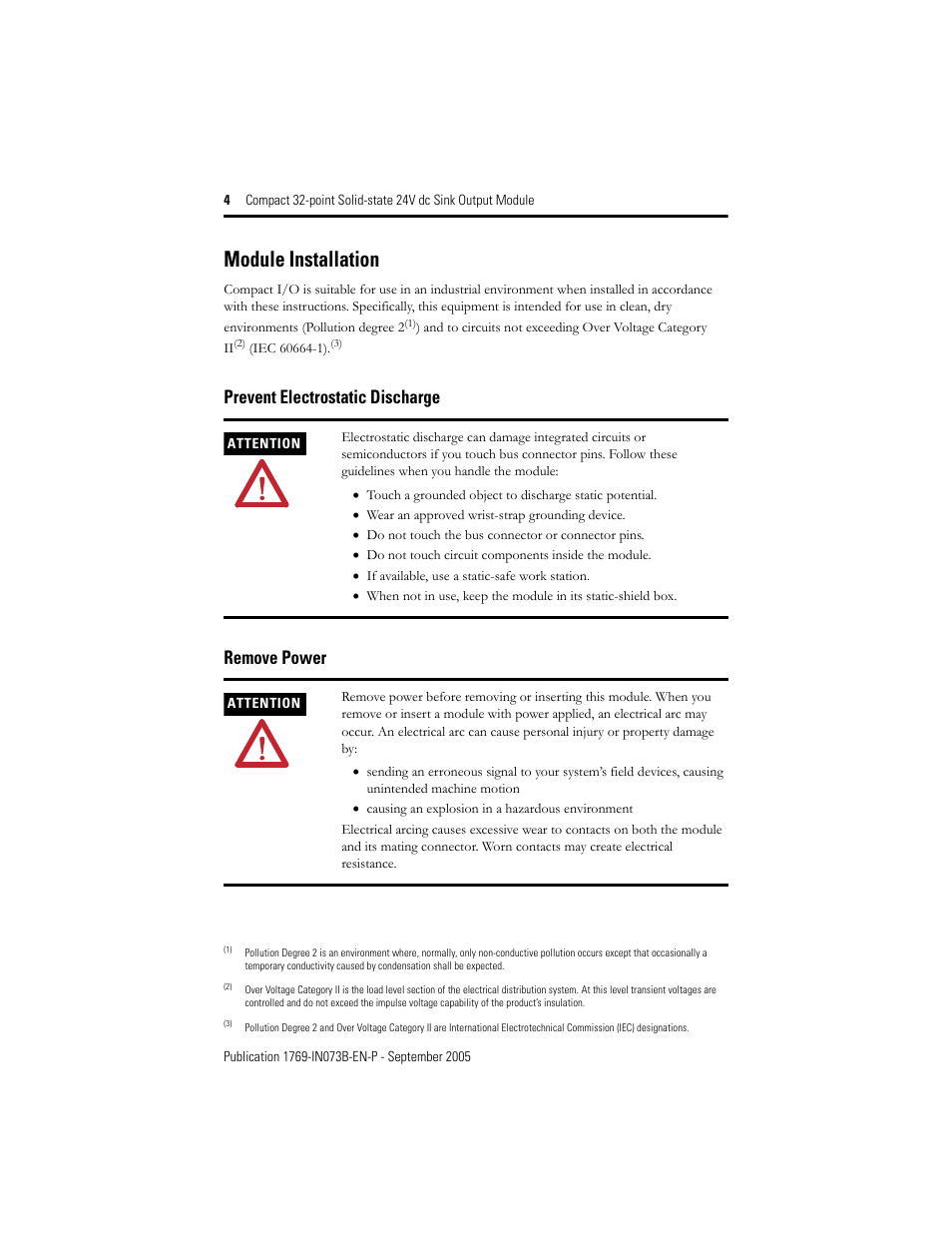 Module installation, Prevent electrostatic discharge remove power | Rockwell Automation 1769-OV32T Compact Module User Manual | Page 4 / 24