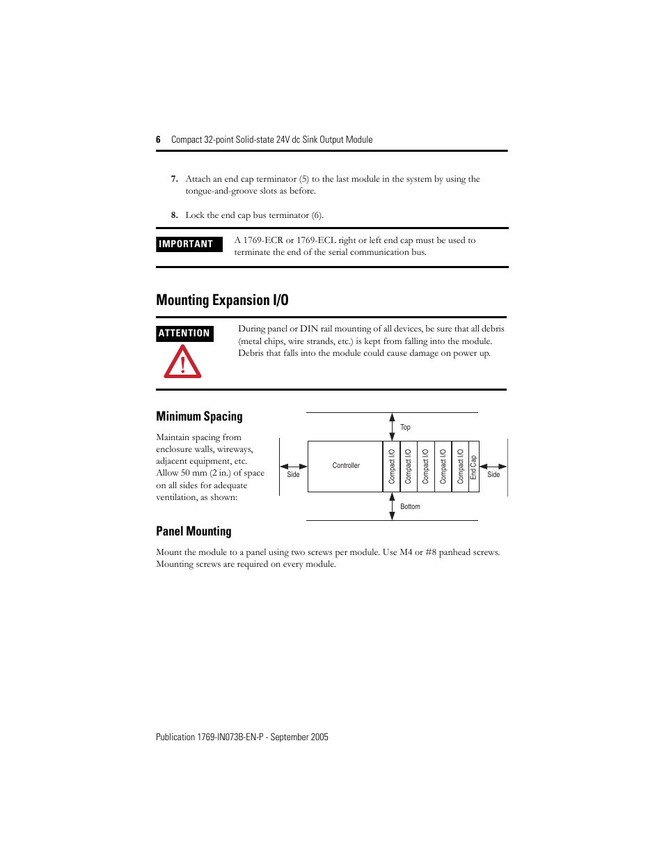 Mounting expansion i/o, Minimum spacing, Panel mounting | Rockwell Automation 1769-OV32T Compact Module User Manual | Page 6 / 24