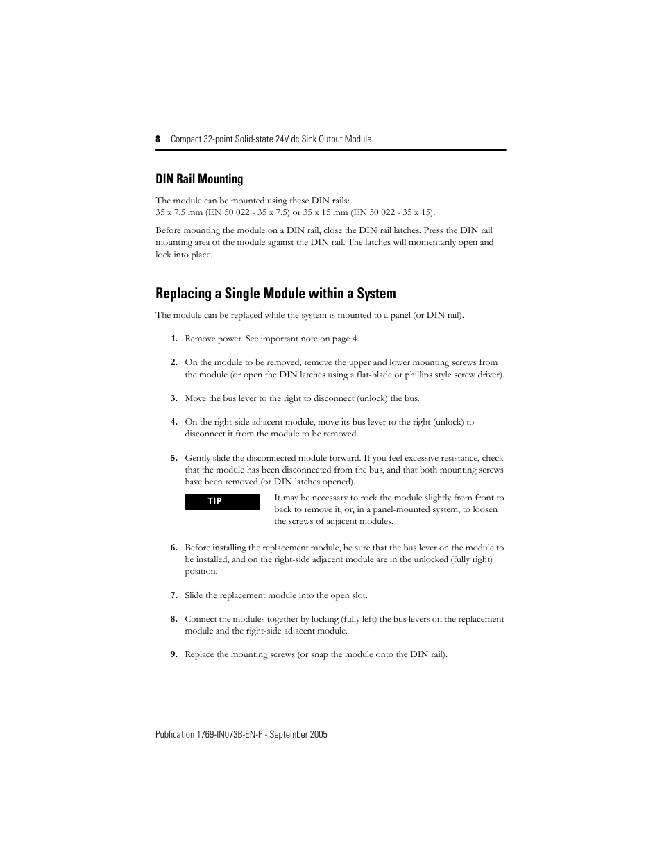 Replacing a single module within a system, Din rail mounting | Rockwell Automation 1769-OV32T Compact Module User Manual | Page 8 / 24