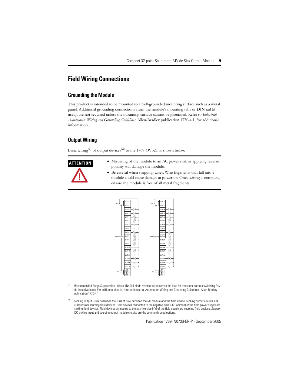 Field wiring connections, Grounding the module, Output wiring | Rockwell Automation 1769-OV32T Compact Module User Manual | Page 9 / 24