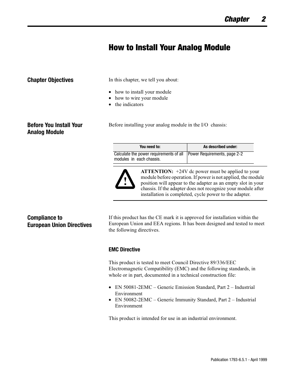 How to install your analog module, Chapter 2 | Rockwell Automation 1793-OE2S FLEX INTEGRA ANALOG MOD User Manual | Page 13 / 75