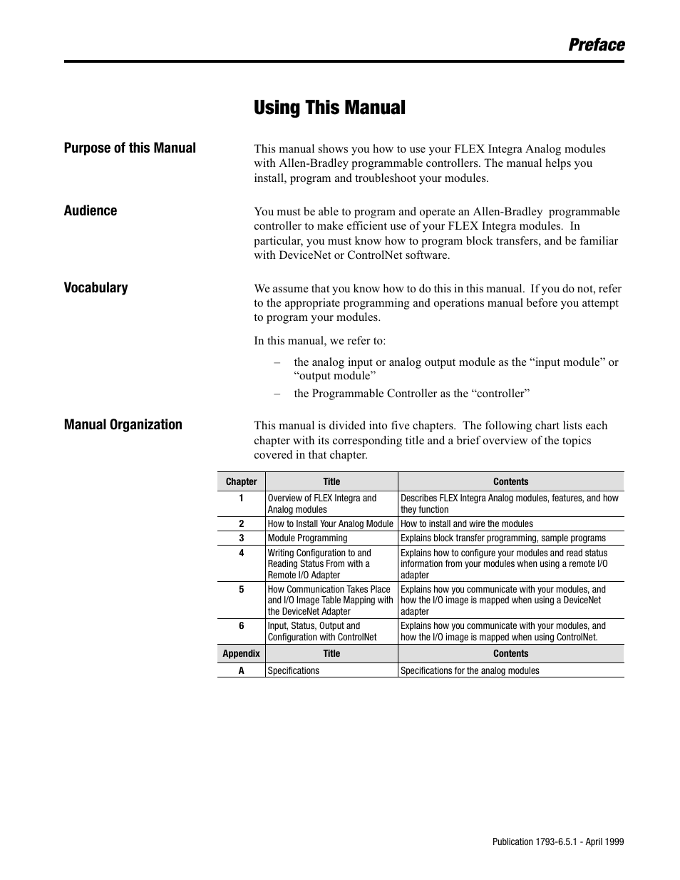 Using this manual, Preface, Purpose of this manual | Audience, Vocabulary, Manual organization | Rockwell Automation 1793-OE2S FLEX INTEGRA ANALOG MOD User Manual | Page 3 / 75