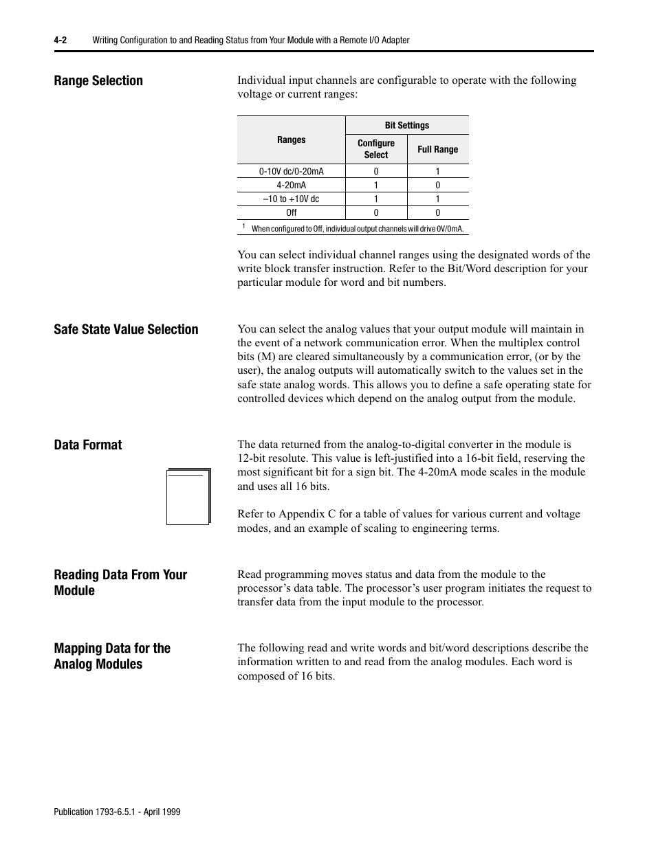 Range selection, Safe state value selection, Data format | Reading data from your module, Mapping data for the analog modules | Rockwell Automation 1793-OE2S FLEX INTEGRA ANALOG MOD User Manual | Page 30 / 75
