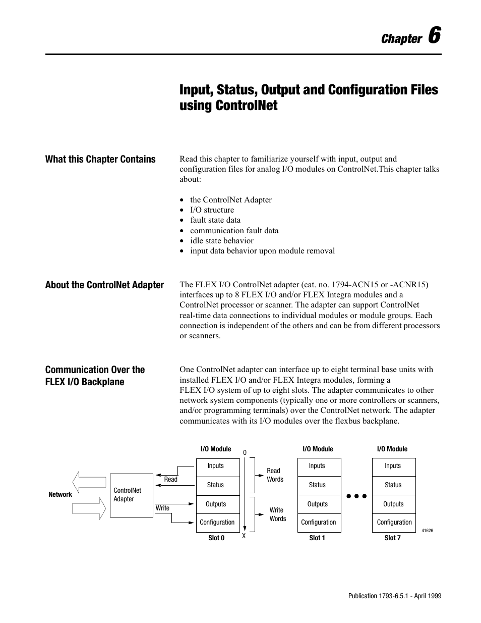 Chapter, What this chapter contains, About the controlnet adapter | Communication over the flex i/o backplane | Rockwell Automation 1793-OE2S FLEX INTEGRA ANALOG MOD User Manual | Page 52 / 75