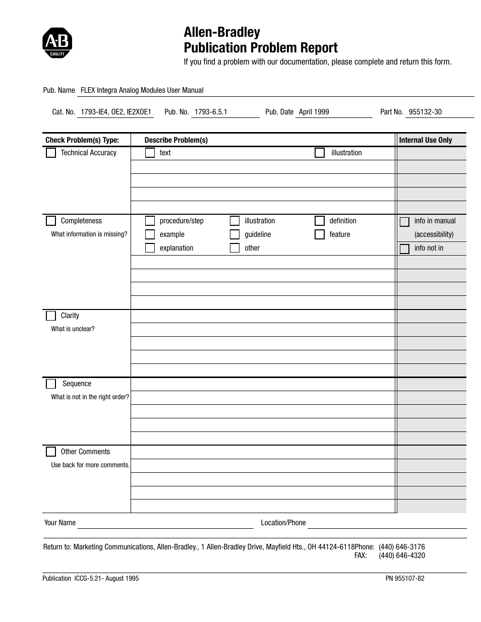 Allen-bradley publication problem report | Rockwell Automation 1793-OE2S FLEX INTEGRA ANALOG MOD User Manual | Page 73 / 75