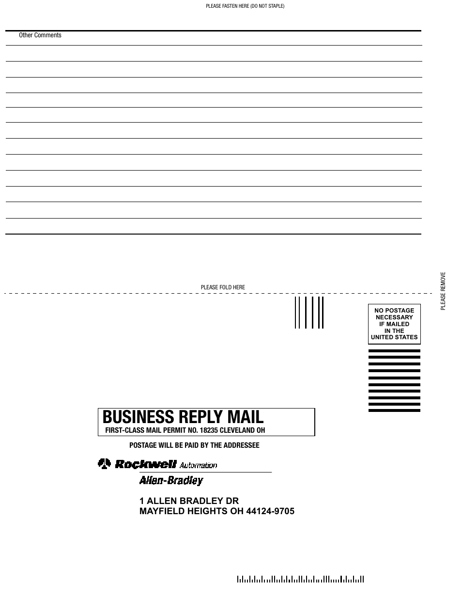 Business reply mail | Rockwell Automation 1793-OE2S FLEX INTEGRA ANALOG MOD User Manual | Page 74 / 75