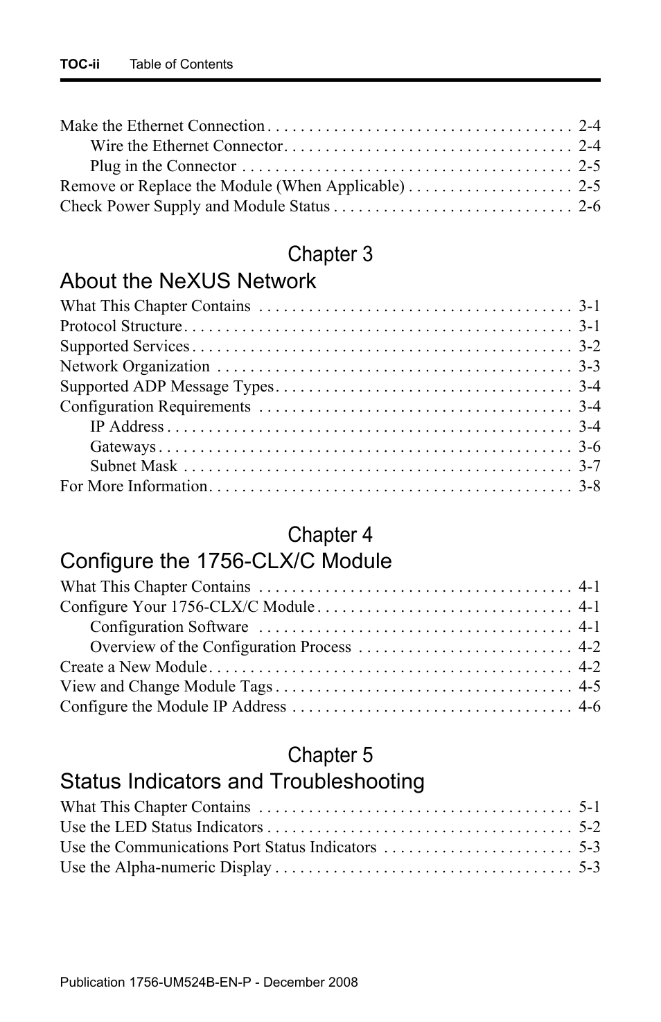 Chapter 3 about the nexus network, Chapter 5 status indicators and troubleshooting | Rockwell Automation 1756-NEX Nexus Module  User Manual | Page 10 / 98