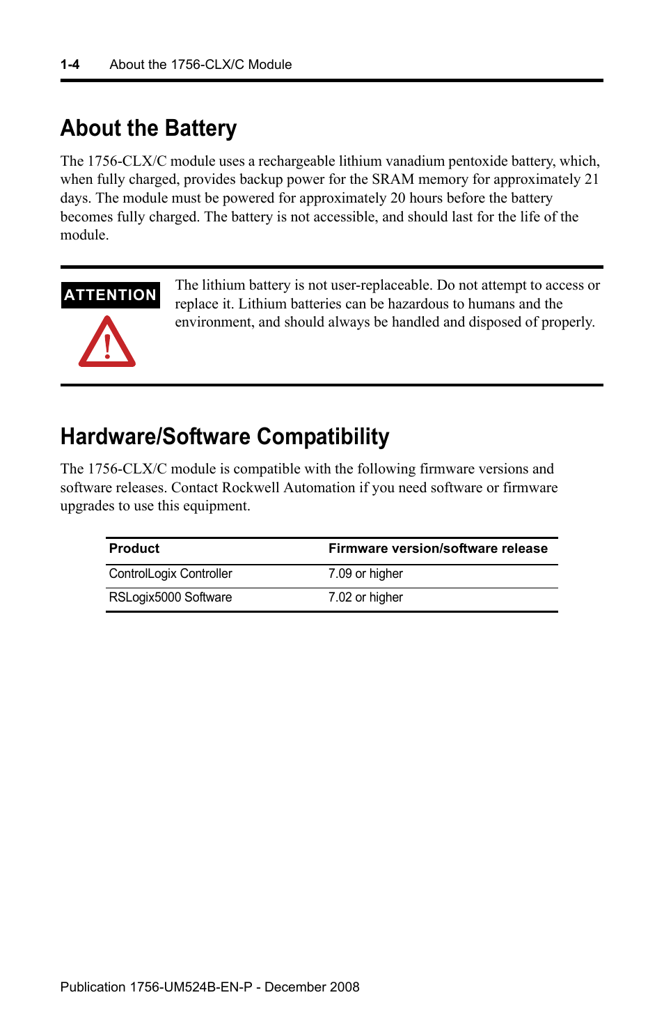 About the battery, Hardware/software compatibility | Rockwell Automation 1756-NEX Nexus Module  User Manual | Page 16 / 98