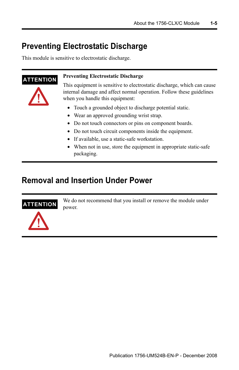 Preventing electrostatic discharge, Removal and insertion under power | Rockwell Automation 1756-NEX Nexus Module  User Manual | Page 17 / 98